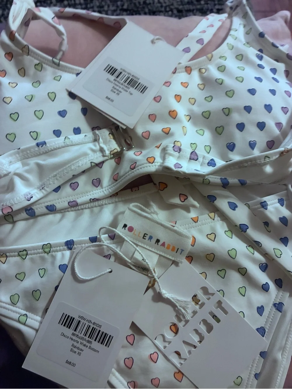 Roller Rabbit White Bandeau Bikini with Multicolor Pastel Heart Print